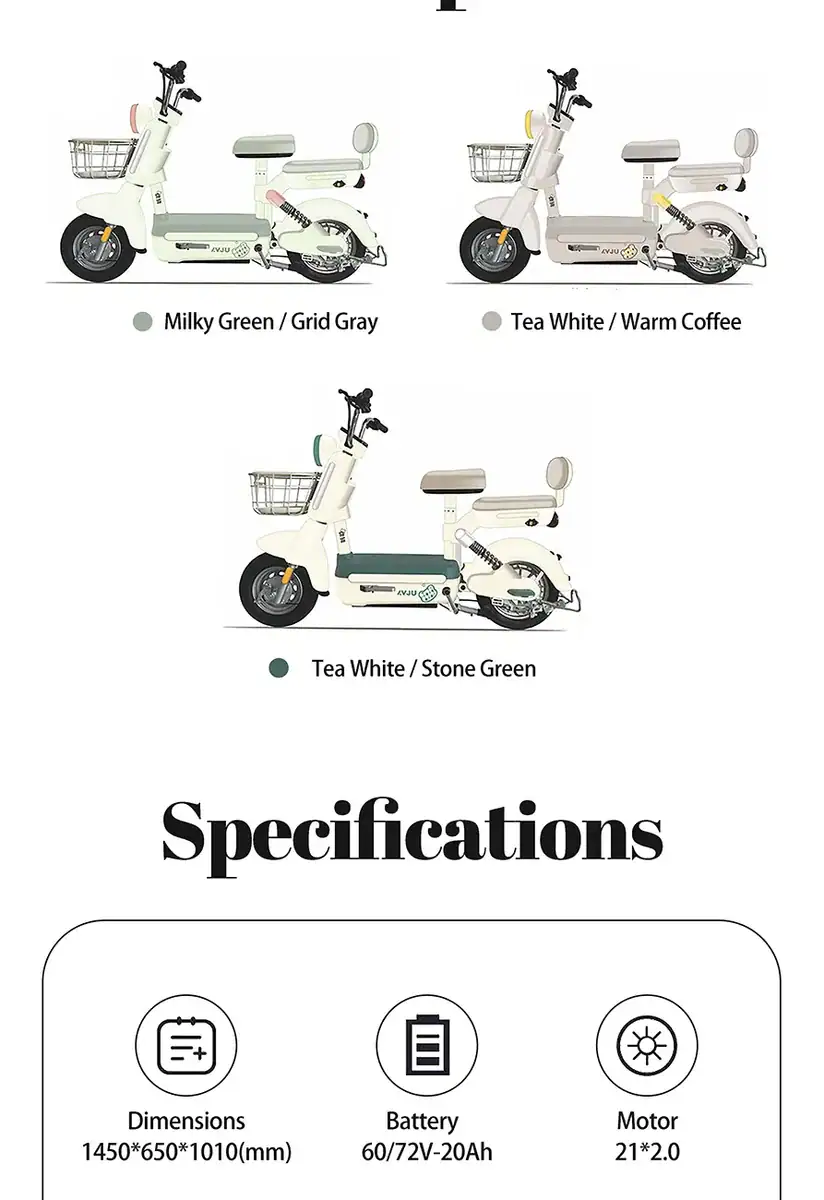 Electric scooter in Milky Green, Tea White, and Stone Green with modern design, comfortable seat, and front basket, ideal for urban commuting and eco-friendly travel.