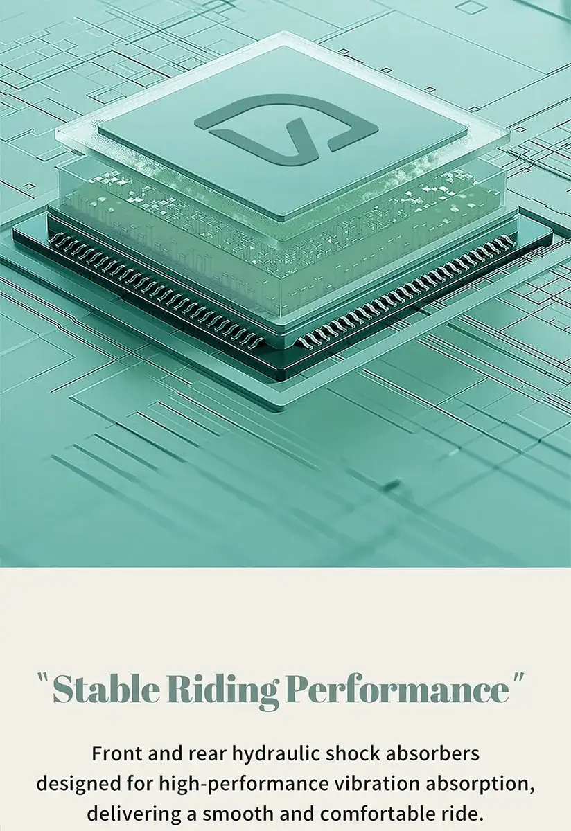 Close-up of a microchip with a logo, representing advanced hydraulic shock absorber technology for bicycles.