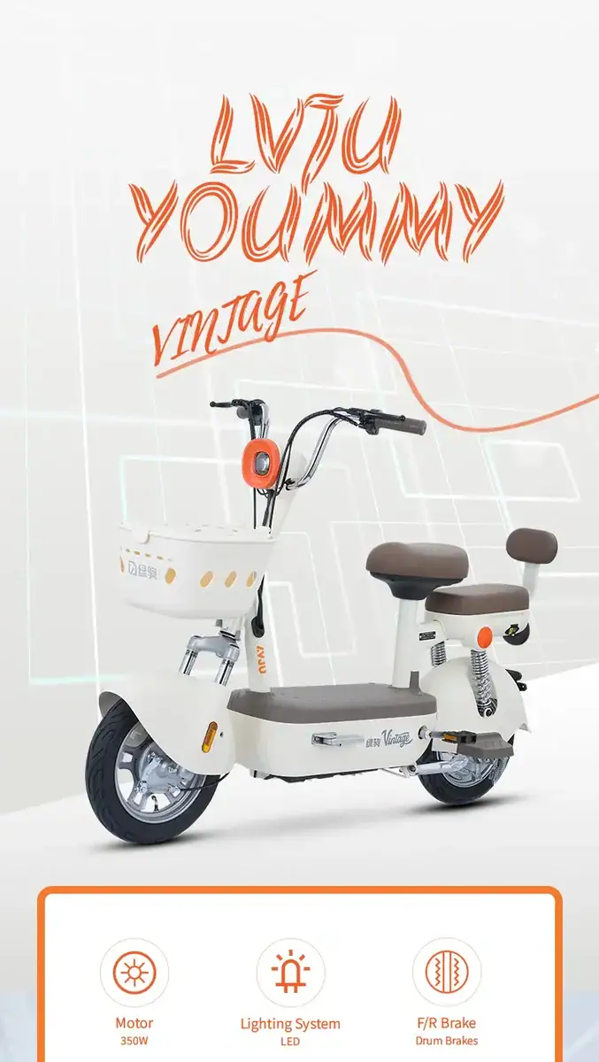 Vintage-style electric scooter with motor, lighting system, and drum brakes, perfect for eco-friendly urban commuting and stylish transportation.