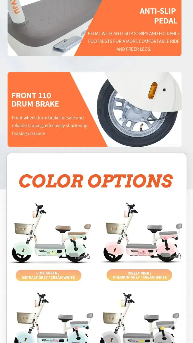 Image of YUMMY electric scooter showcasing anti-slip pedal, front drum brake, and multiple color options including lime green, pastel pink, and white.