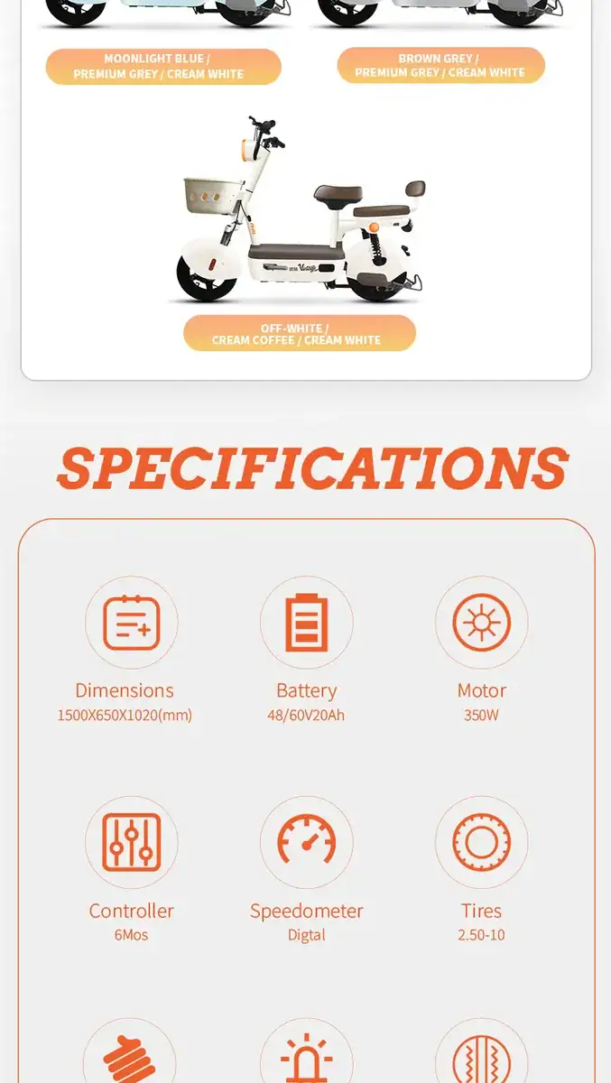 Electric scooter with specifications including dimensions, battery, motor, controller, speedometer, and tires, ideal for urban commuting and eco-friendly transportation.