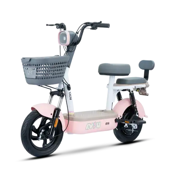 Electric scooter with comfortable seat, front basket, and adjustable handlebars for easy urban commuting. Compact, eco-friendly, perfect for short trips and daily errands.