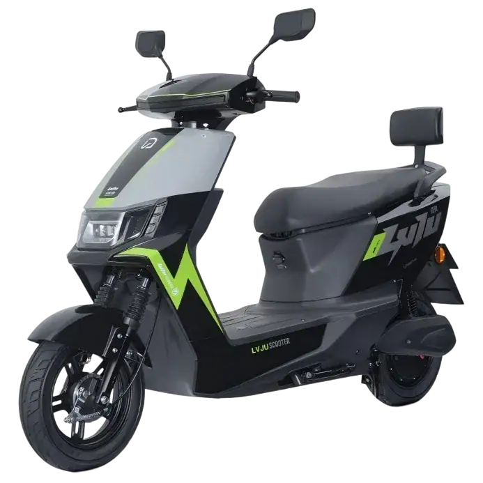 Electric scooter with modern design and green accents, ideal for city travel and eco-friendly transportation. Features a comfortable seat, digital display, and durable build for daily use.
