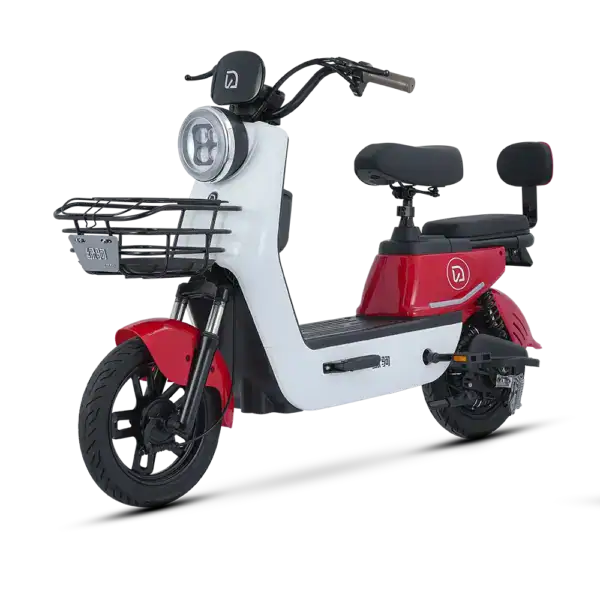Electric scooter with sleek white and red body, front basket, and comfortable seat, ideal for eco-friendly city transportation and short-distance travel.