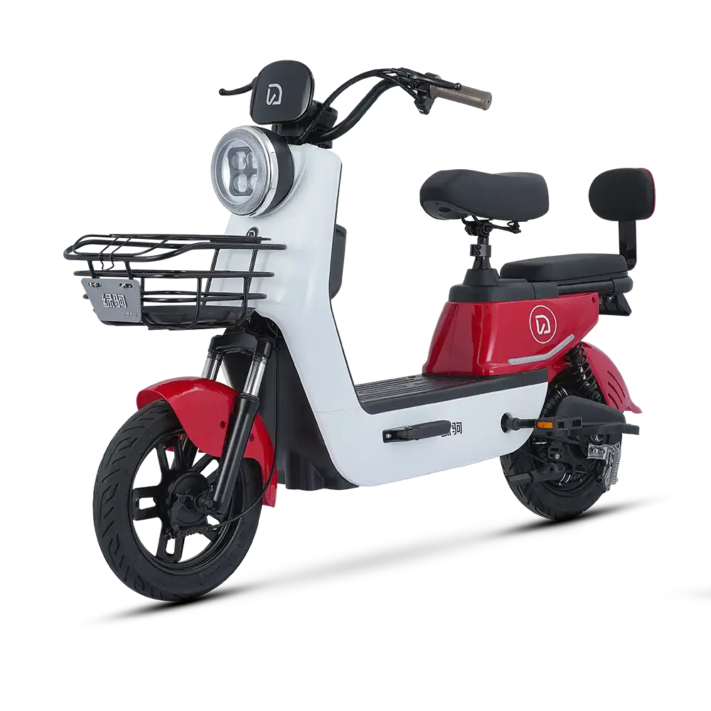 Electric scooter with sleek white and red body, front basket, and comfortable seat, ideal for eco-friendly city transportation and short-distance travel.