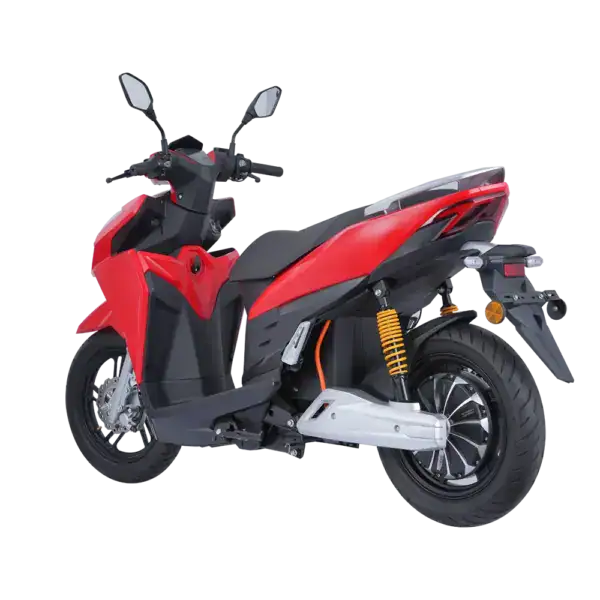 Electric scooter with modern design, ideal for city travel and eco-friendly transportation. Features a sleek red and black finish, comfortable seating, and advanced battery technology for efficient pe.