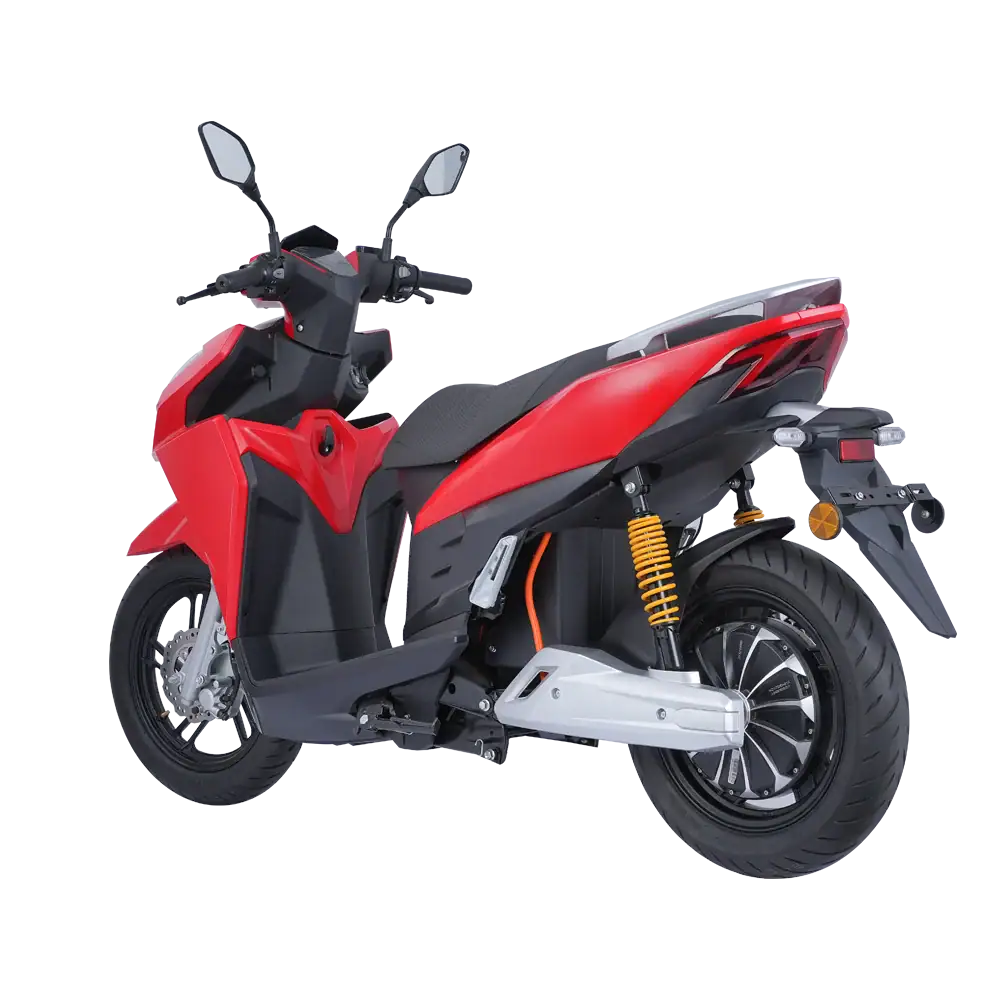 Electric scooter with modern design, ideal for city travel and eco-friendly transportation. Features a sleek red and black finish, comfortable seating, and advanced battery technology for efficient pe.