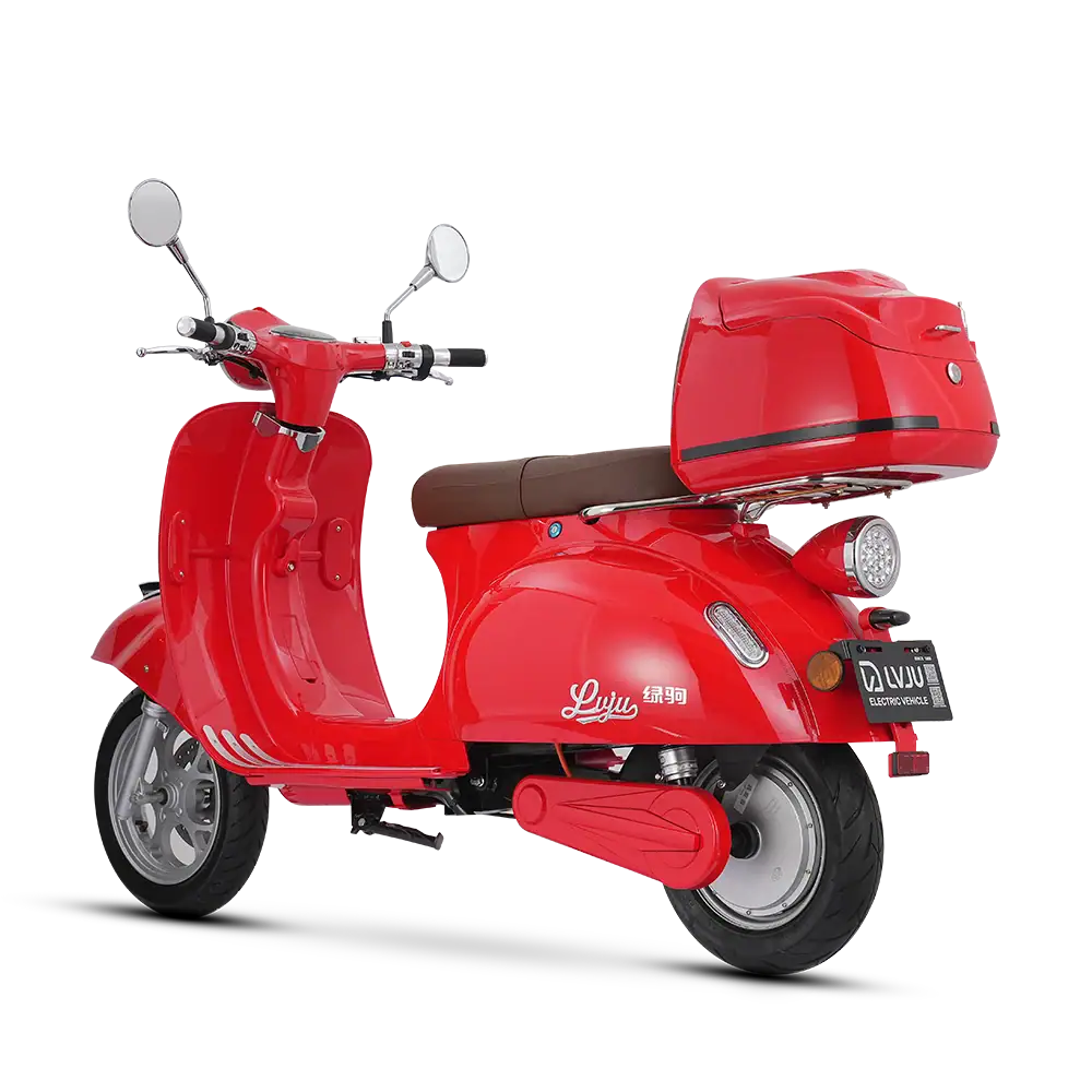 Red scooter with a top case, designed for urban transportation, delivery services, and convenient city travel.