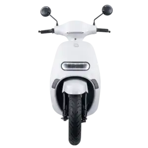 Modern white electric scooter with sleek design, front view showcasing handlebars, headlight, and front wheel, ideal for urban commuting and eco-friendly transportation.