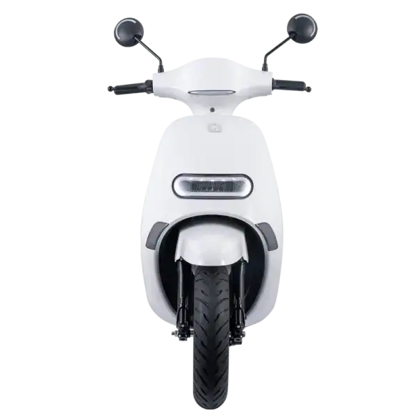 Modern white electric scooter with sleek design, front view showcasing handlebars, headlight, and front wheel, ideal for urban commuting and eco-friendly transportation.