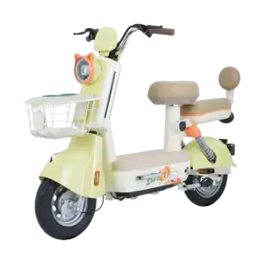 Electric scooter designed for children with a playful ice cream theme, featuring pastel colors, a front basket, and comfortable seating for safe and fun rides.