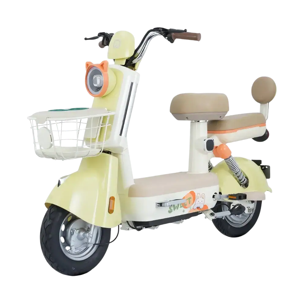 Electric scooter designed for children with a playful ice cream theme, featuring pastel colors, a front basket, and comfortable seating for safe and fun rides.