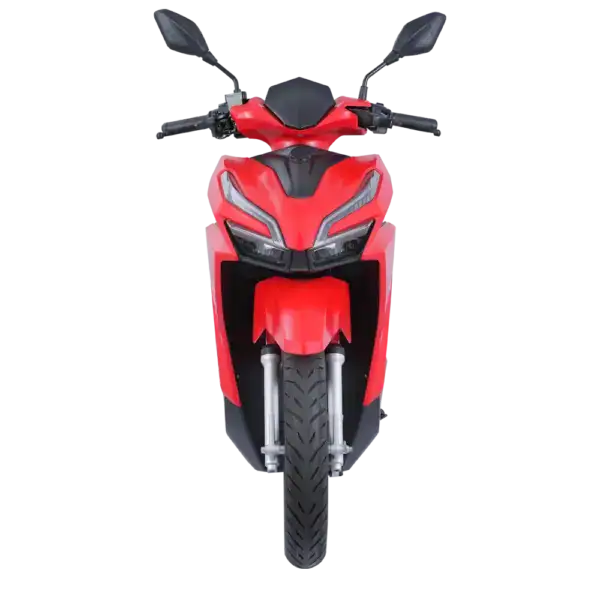 Electric scooter with sleek red design, modern headlights, and comfortable handlebars, ideal for city travel and eco-friendly transportation.