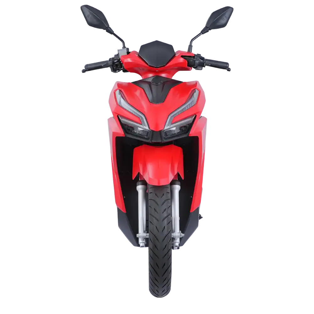 Electric scooter with sleek red design, modern headlights, and comfortable handlebars, ideal for city travel and eco-friendly transportation.