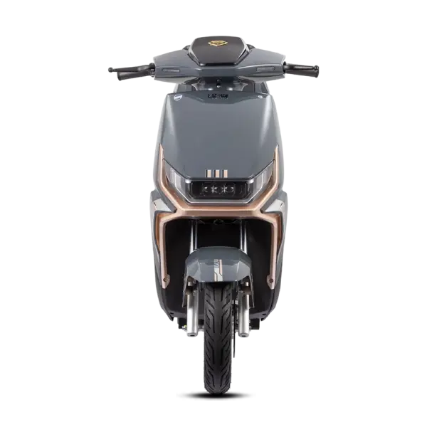 Front view of a sleek, modern electric scooter designed for city commuting, featuring a streamlined body, digital display, and comfortable handlebar grips.