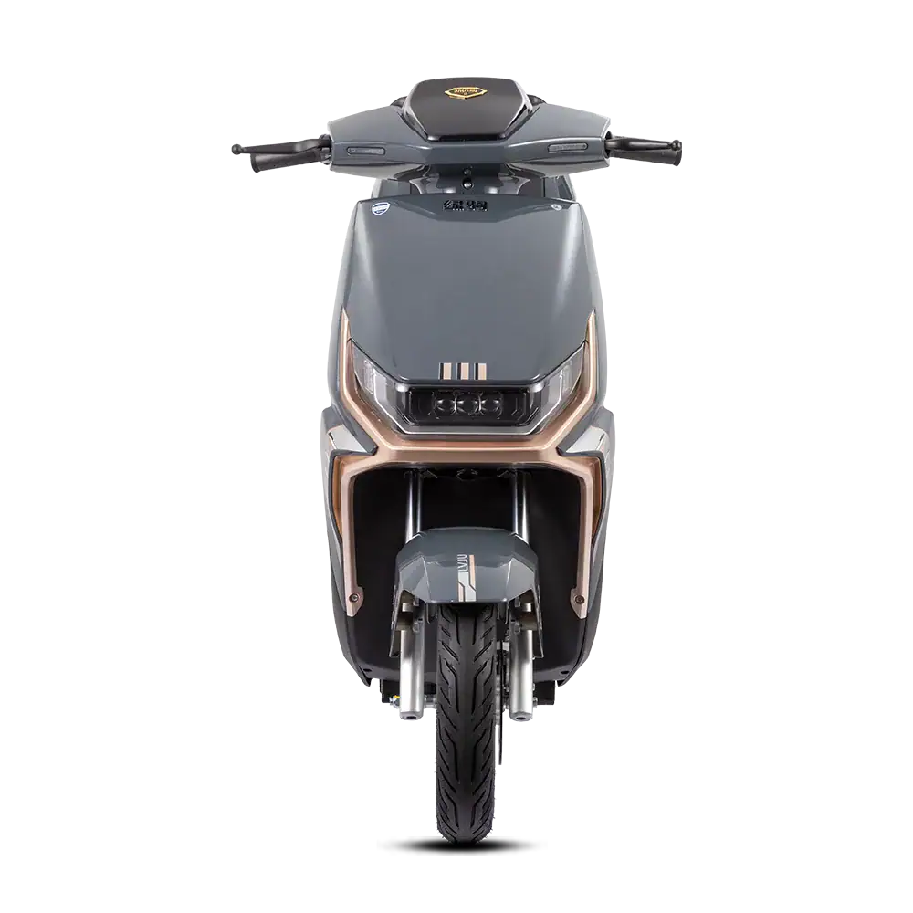 Front view of a sleek, modern electric scooter designed for city commuting, featuring a streamlined body, digital display, and comfortable handlebar grips.