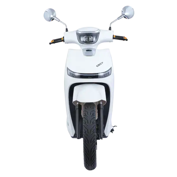 A sleek white electric scooter designed for city commuting, featuring a streamlined body, comfortable seat, and advanced handlebars with digital controls.