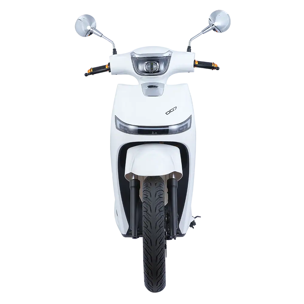 A sleek white electric scooter designed for city commuting, featuring a streamlined body, comfortable seat, and advanced handlebars with digital controls.