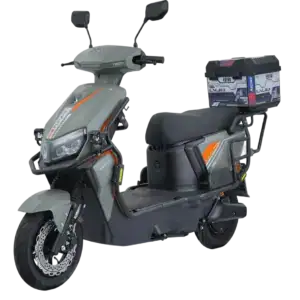 Electric scooter with storage box and modern design for city commuting and eco-friendly transportation. Features a sleek look, comfortable seat, and practical storage for daily use.