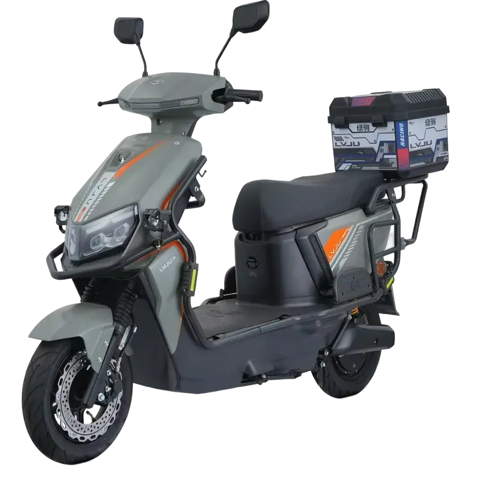 Electric scooter with storage box and modern design for city commuting and eco-friendly transportation. Features a sleek look, comfortable seat, and practical storage for daily use.