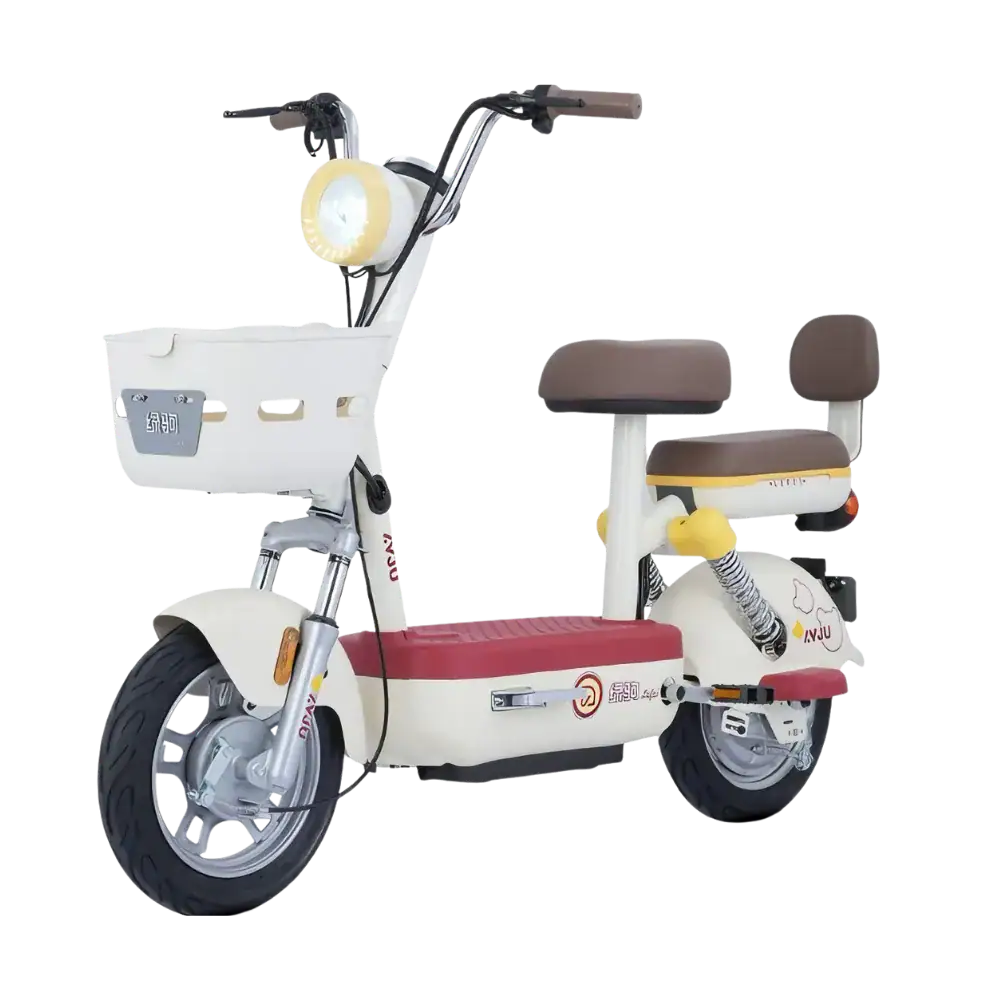 Electric scooter with basket, comfortable seat, and sturdy wheels, ideal for urban commuting and short-distance travel. Features a sleek design and easy-to-use controls for convenient transportation.