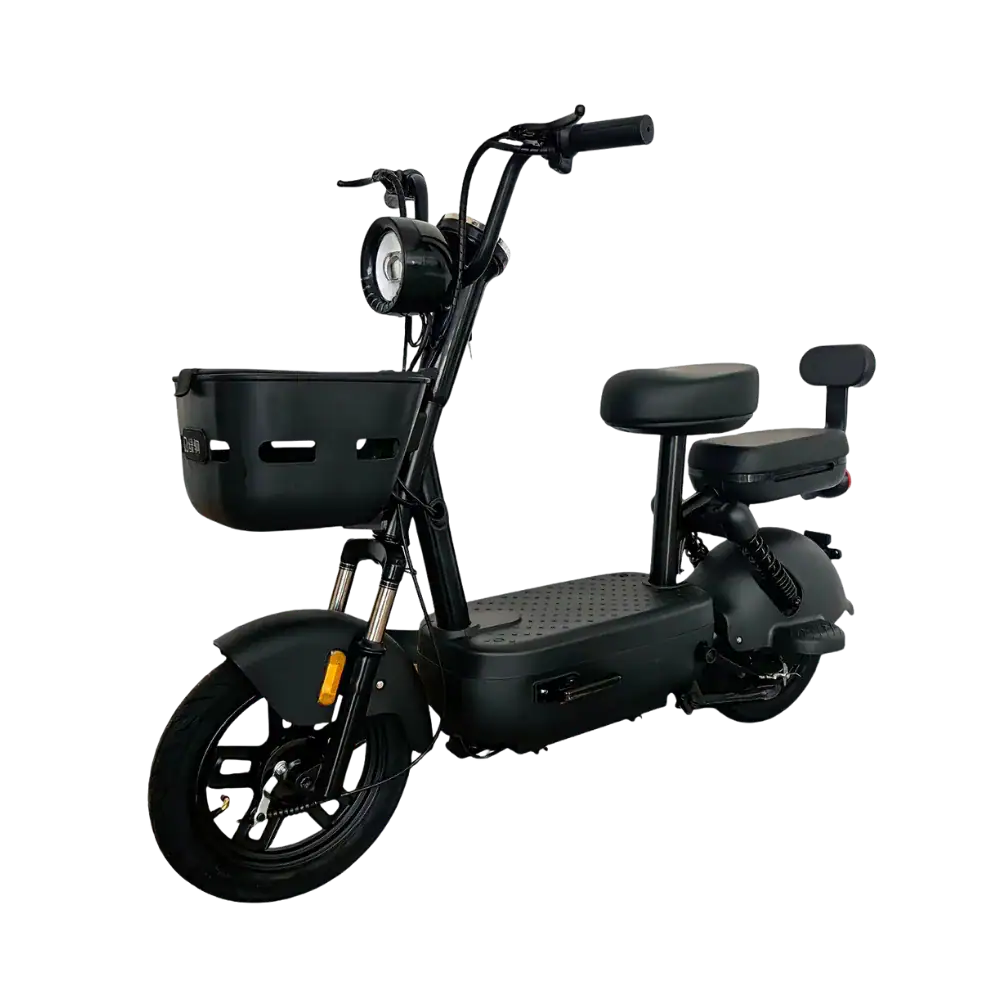 Modern black Lyfei II electric scooter with comfortable seating and front basket, ideal for urban commuting and eco-friendly transportation.