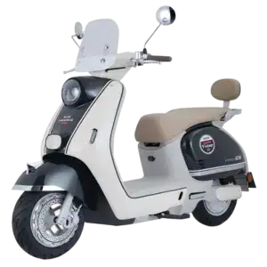 Vintage Vespa scooter with beige seat and white body, front view, showcasing classic design and retro style, ideal for urban commuting and vintage enthusiasts.