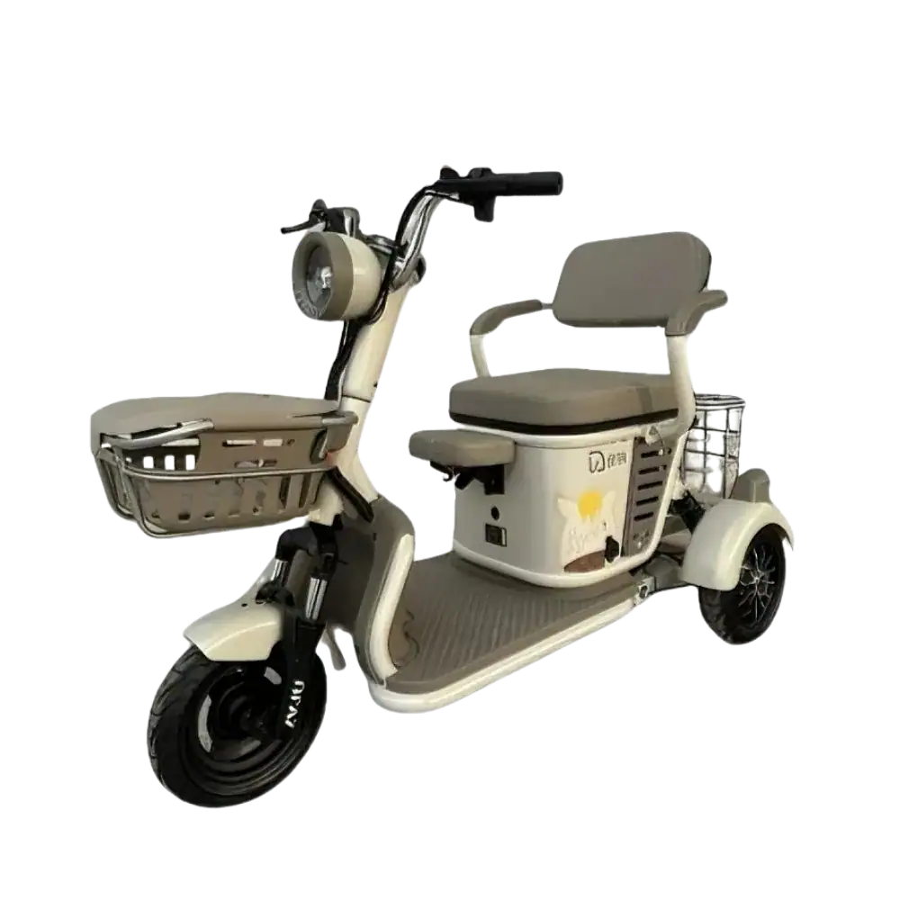 Modern mini electric tricycle designed for adults and seniors, featuring a comfortable seat, sturdy frame, and practical basket for daily errands and mobility needs.