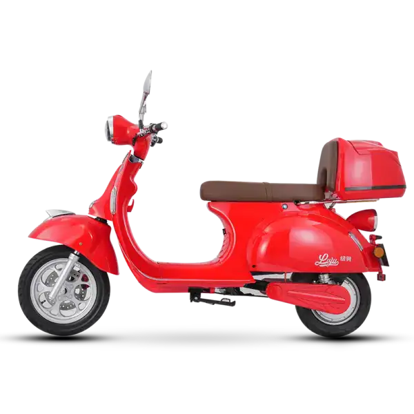 Red Victoria DT electric scooter with a brown seat and rear storage box, ideal for urban commuting and eco-friendly transportation.