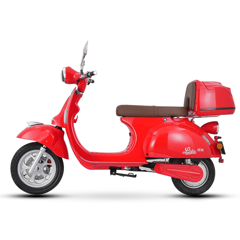 Red Victoria DT electric scooter with a brown seat and rear storage box, ideal for urban commuting and eco-friendly transportation.