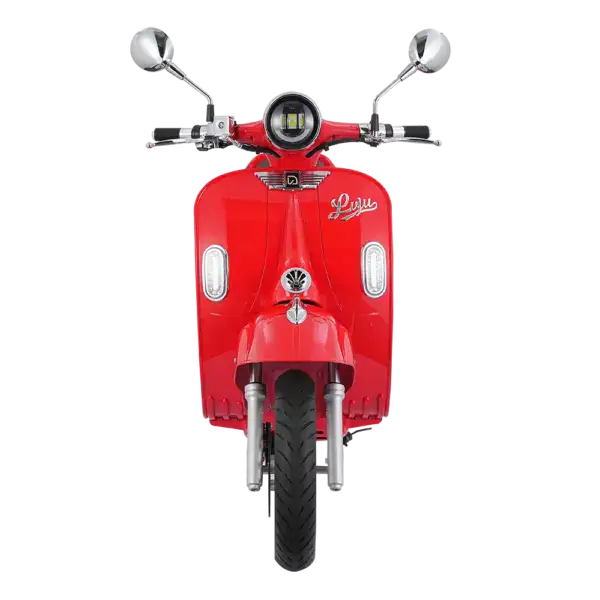 Front view of a red Luyu electric scooter with mirrors and LED lights, ideal for urban commuting and eco-friendly transportation.