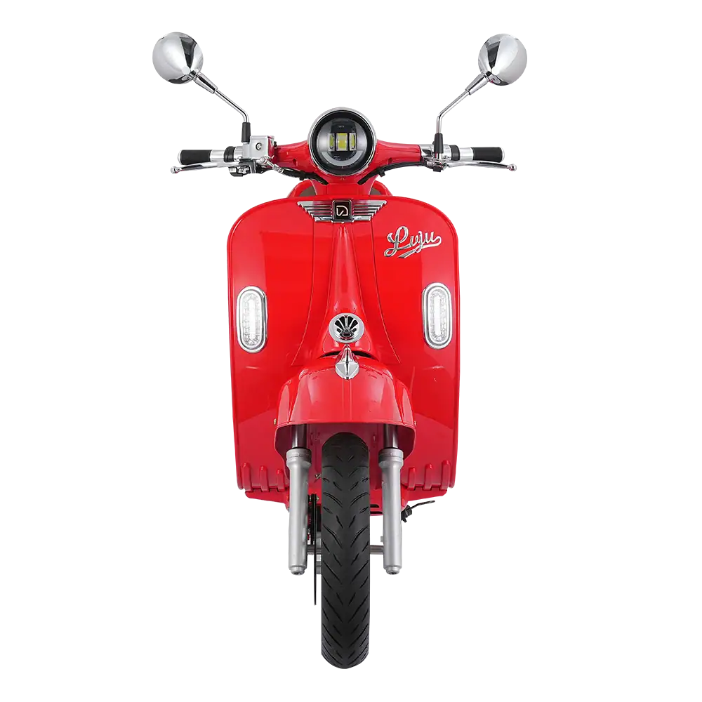 Front view of a red Luyu electric scooter with mirrors and LED lights, ideal for urban commuting and eco-friendly transportation.