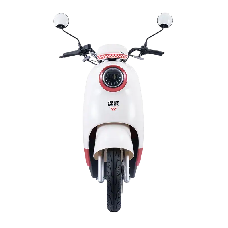 Electric scooter with a sleek white and red design, front view, showcasing handlebars, mirrors, and front wheel, symbolizing innovative transportation solutions under the "CLOUD" theme.