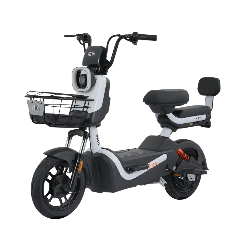 Electric scooter with shadow effect for urban commuting and eco-friendly transportation. Features a front basket, comfortable seat, and modern design, ideal for city travel.
