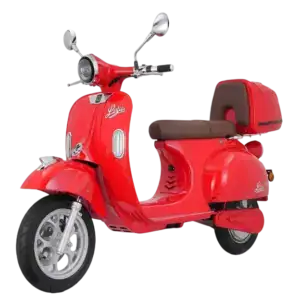 Red vintage-style scooter with a rear storage box, perfect for city commuting and stylish transportation. Features a comfortable seat, mirrors, and modern design elements.