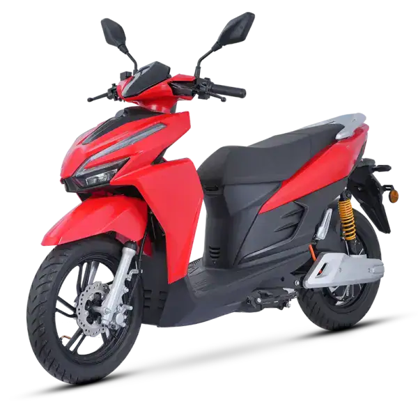 Electric scooter featuring a sleek red and black exterior, ideal for city transportation and eco-friendly travel. Equipped with modern features, comfortable seating, and durable tires for smooth rides.