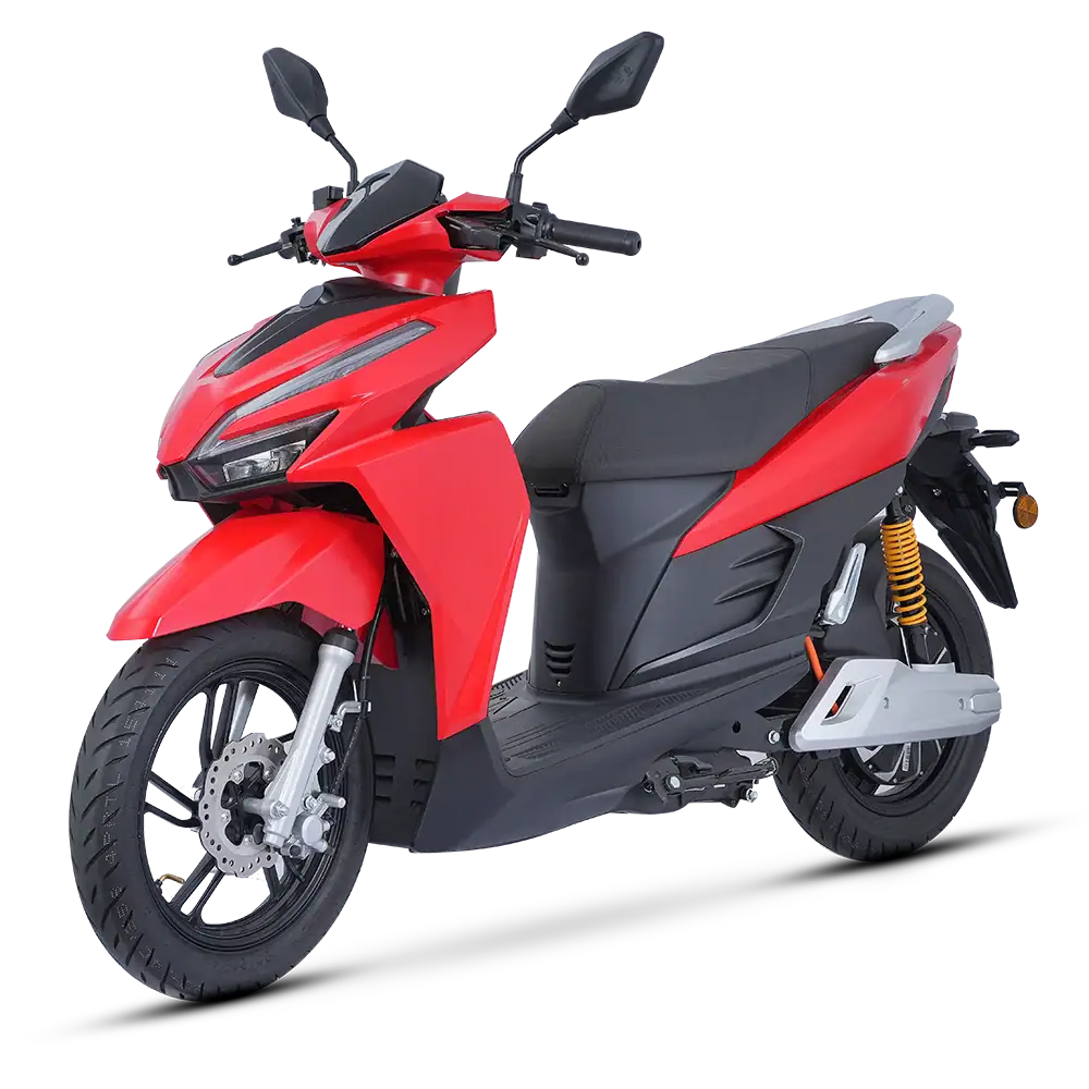 Electric scooter featuring a sleek red and black exterior, ideal for city transportation and eco-friendly travel. Equipped with modern features, comfortable seating, and durable tires for smooth rides.