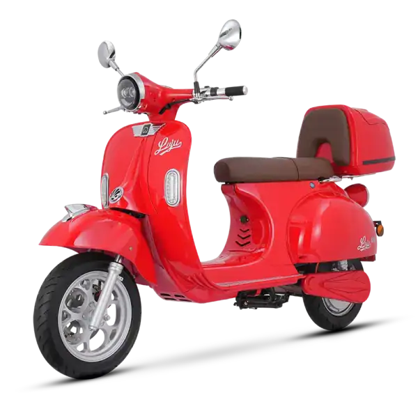 Electric scooter Victoria DT in vibrant red with modern design, comfortable brown seat, and practical storage box, ideal for urban commuting and eco-conscious transportation.