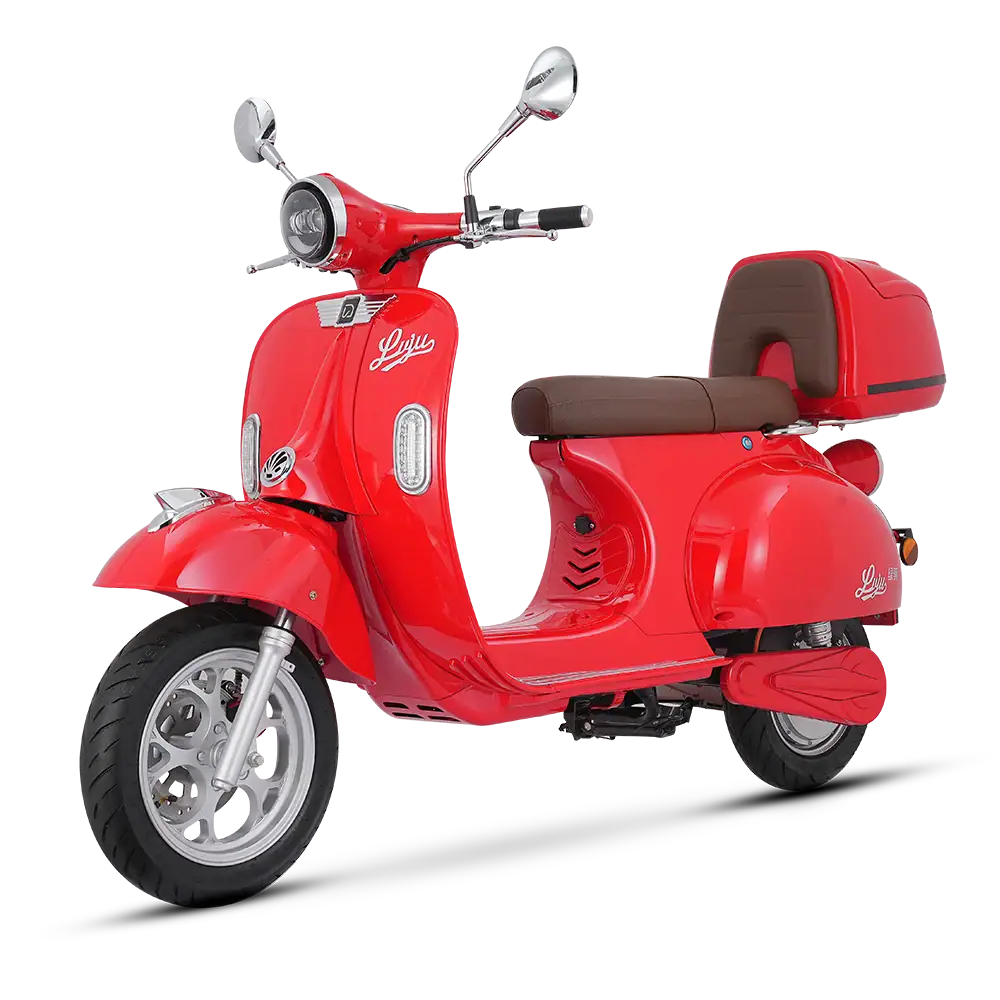 Electric scooter Victoria DT in vibrant red with modern design, comfortable brown seat, and practical storage box, ideal for urban commuting and eco-conscious transportation.