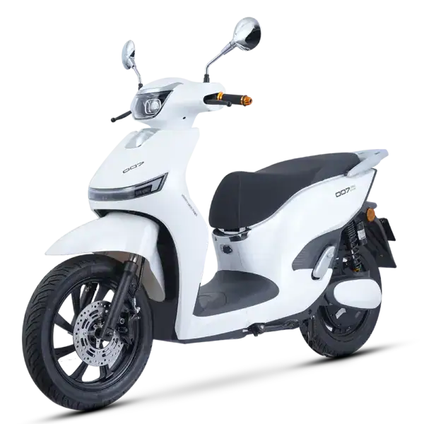 Electric scooter ideal for city travel, featuring sleek white body, comfortable seat, and advanced safety features. Perfect for eco-friendly transportation and daily commuting needs.