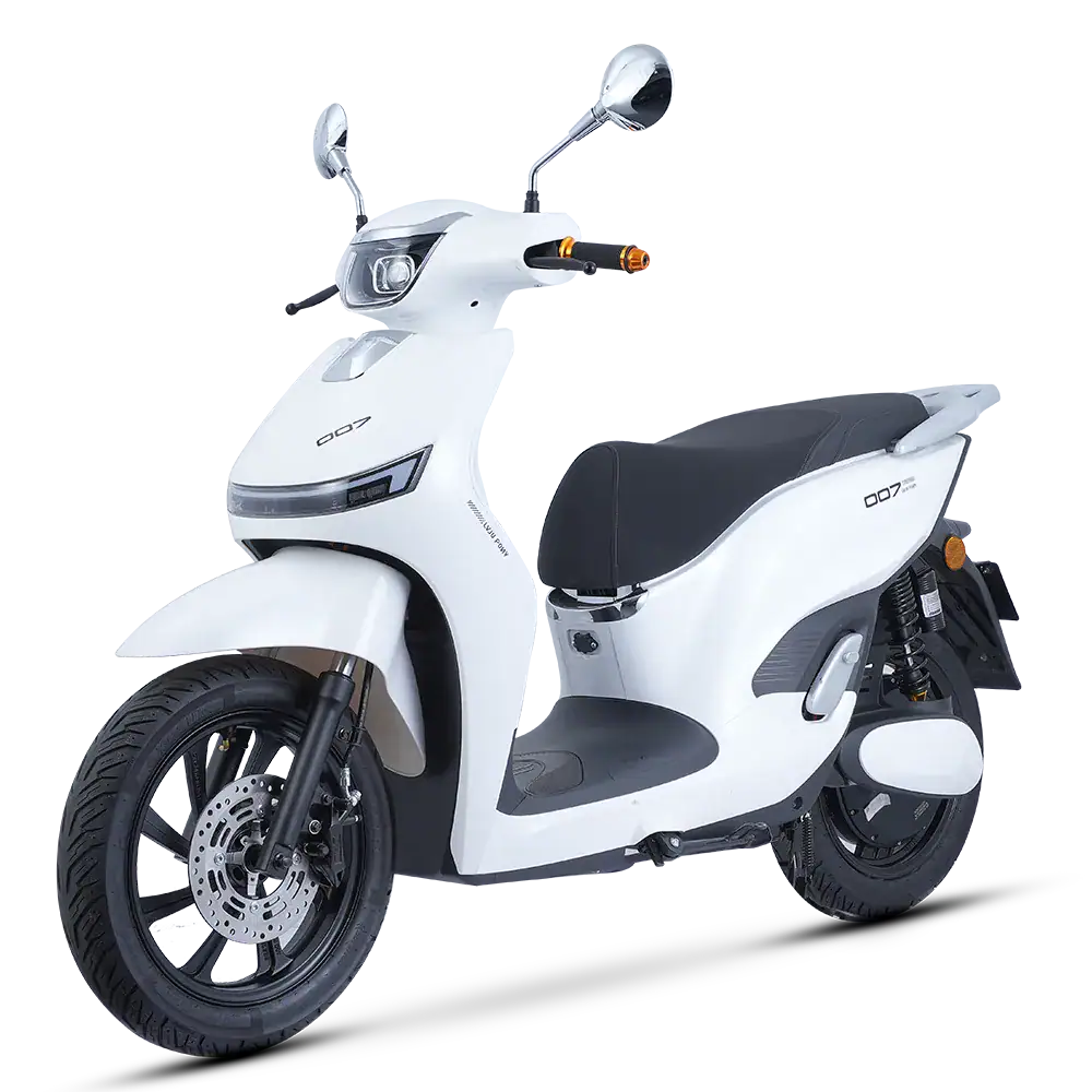 Electric scooter ideal for city travel, featuring sleek white body, comfortable seat, and advanced safety features. Perfect for eco-friendly transportation and daily commuting needs.