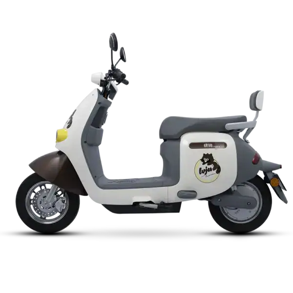 Electric scooter with raccoon graphic and "wooja" branding, designed for eco-friendly urban transportation and delivery services.