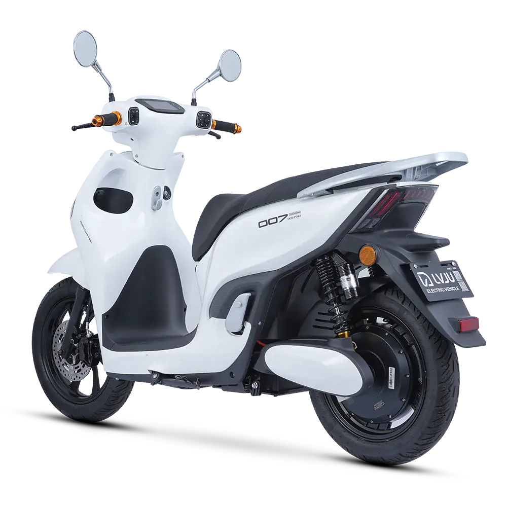 An image of a sleek, white electric scooter showcasing advanced technology and eco-friendly transportation options. The scooter features a streamlined body, digital display, and comfortable seating, i.